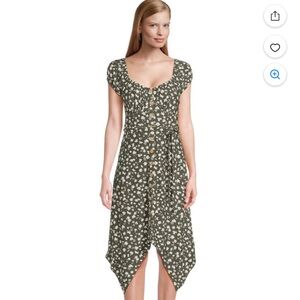 Summer Casual Juniors Button Front Floral Hanky Hem Dress, Green & White, L, NWT